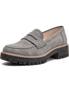 Womens Grey Round Toe Lug Sole Slip On Comfortable Casual Dress Loafer Shoes